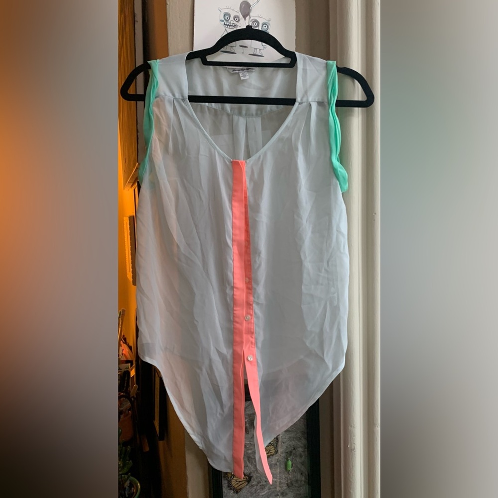 Sheer Sleeveless Button Up Tank, Tie Detail Powder Blue Seafoam Teal Coral Peach
